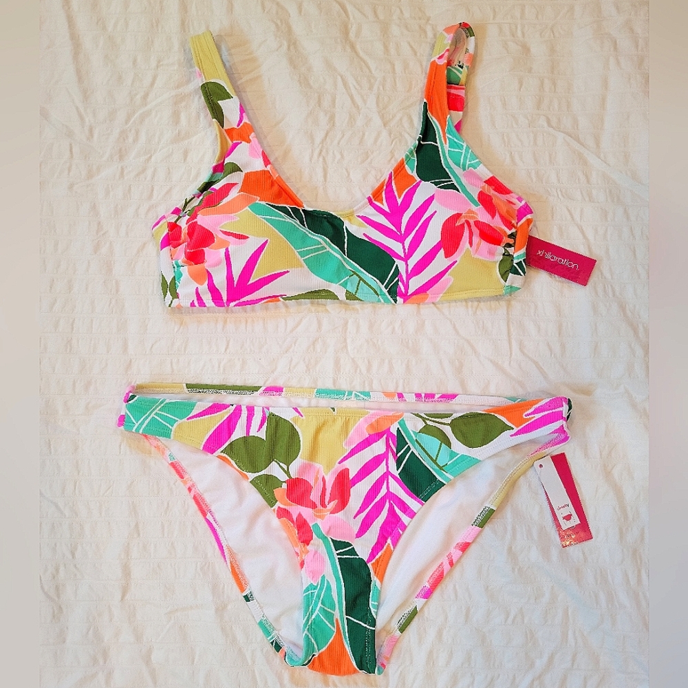 NWT Xhilaration Ribbed Bikini | Multicolored Tropical Print | Size XL